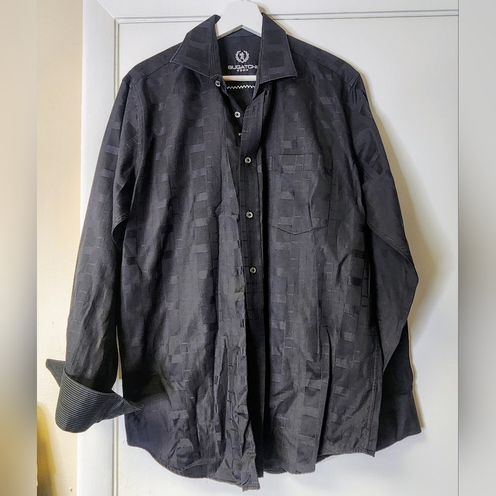BUGATCHI Classic Fit Black Jacquard Cotton Long Sleeve Button-Down Shirt Size M